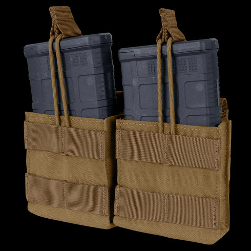 The Condor Double M14 Open-Top Mag Pouch in tan holds two black rifle magazines with elastic retention straps, perfect for military or EDC use.